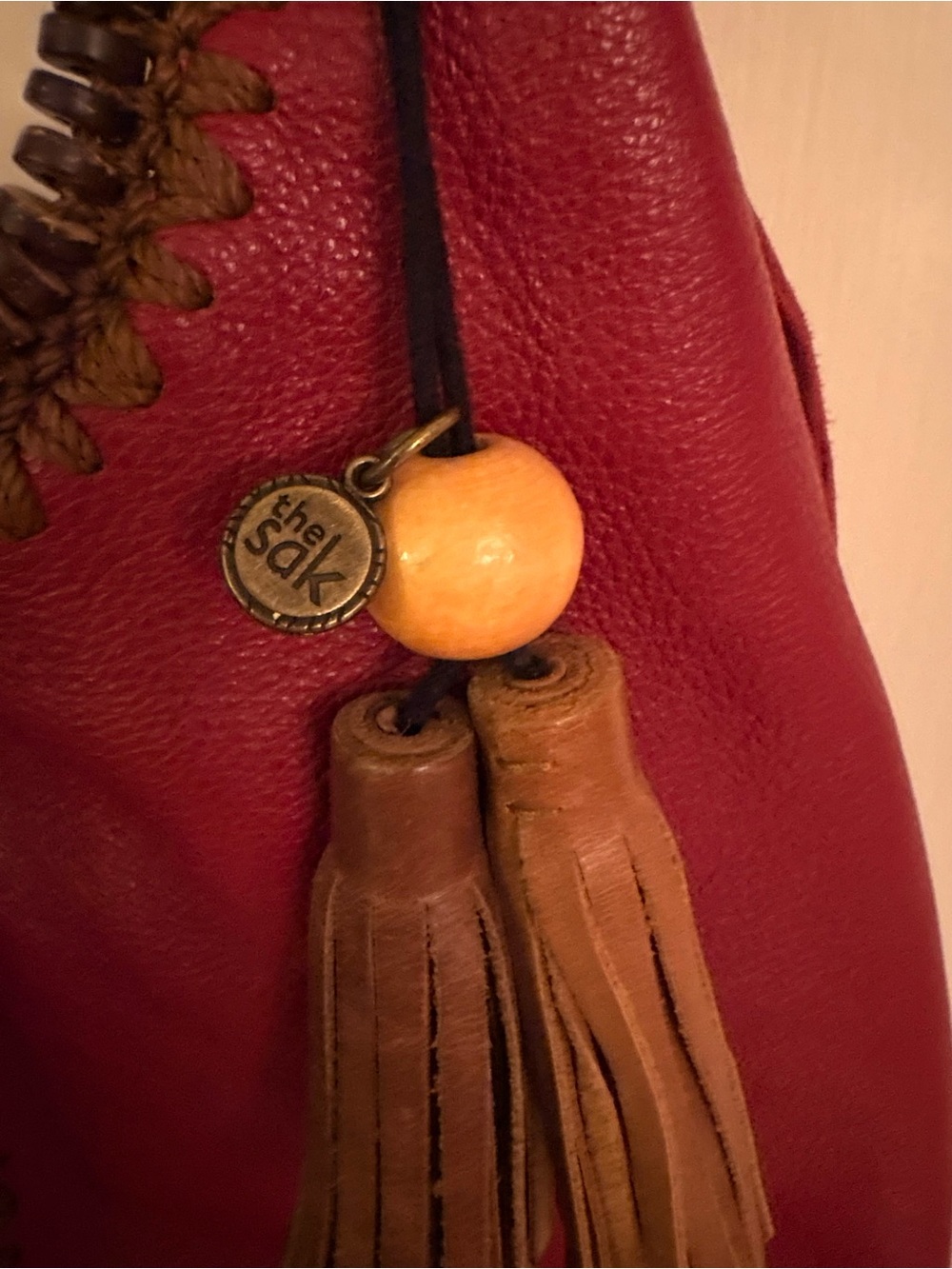 The Sak Huntley Hobo Bag Crimson Red Pebbled Leather Crochet Detail Tassel Charm - Picture 4 of 8